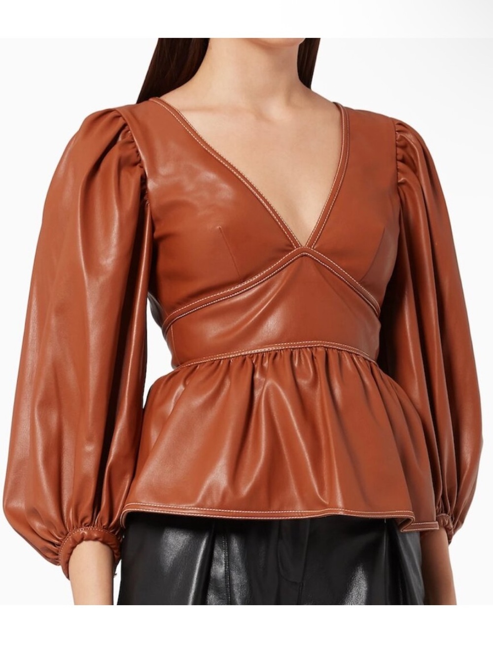 Staud Luna Vegan Leather Peplum Top - Whisky Brown